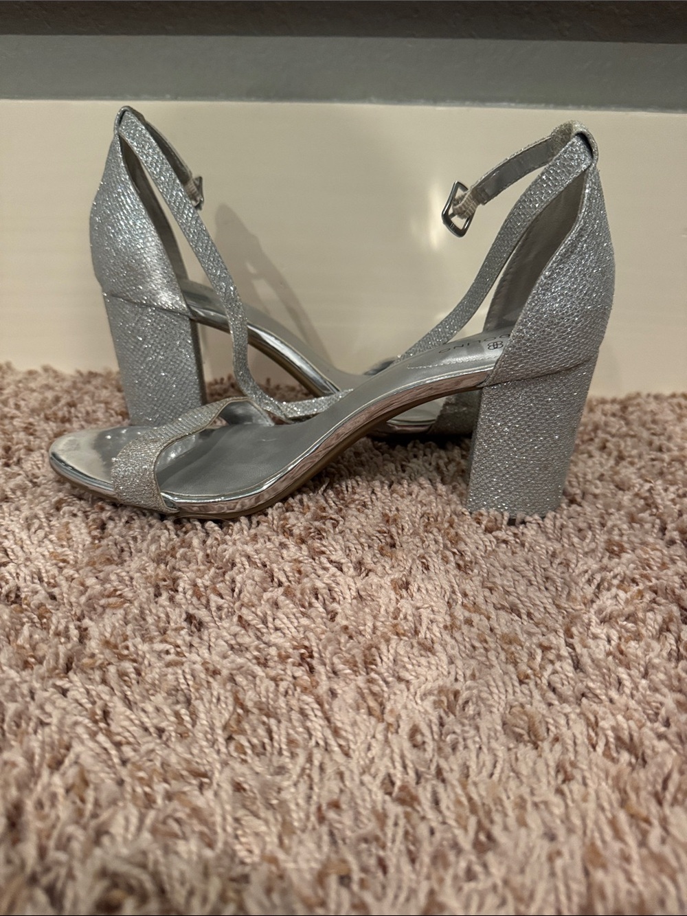 Bandolino Silver Glitter Block Heel Sandals with Ankle Strap Accent